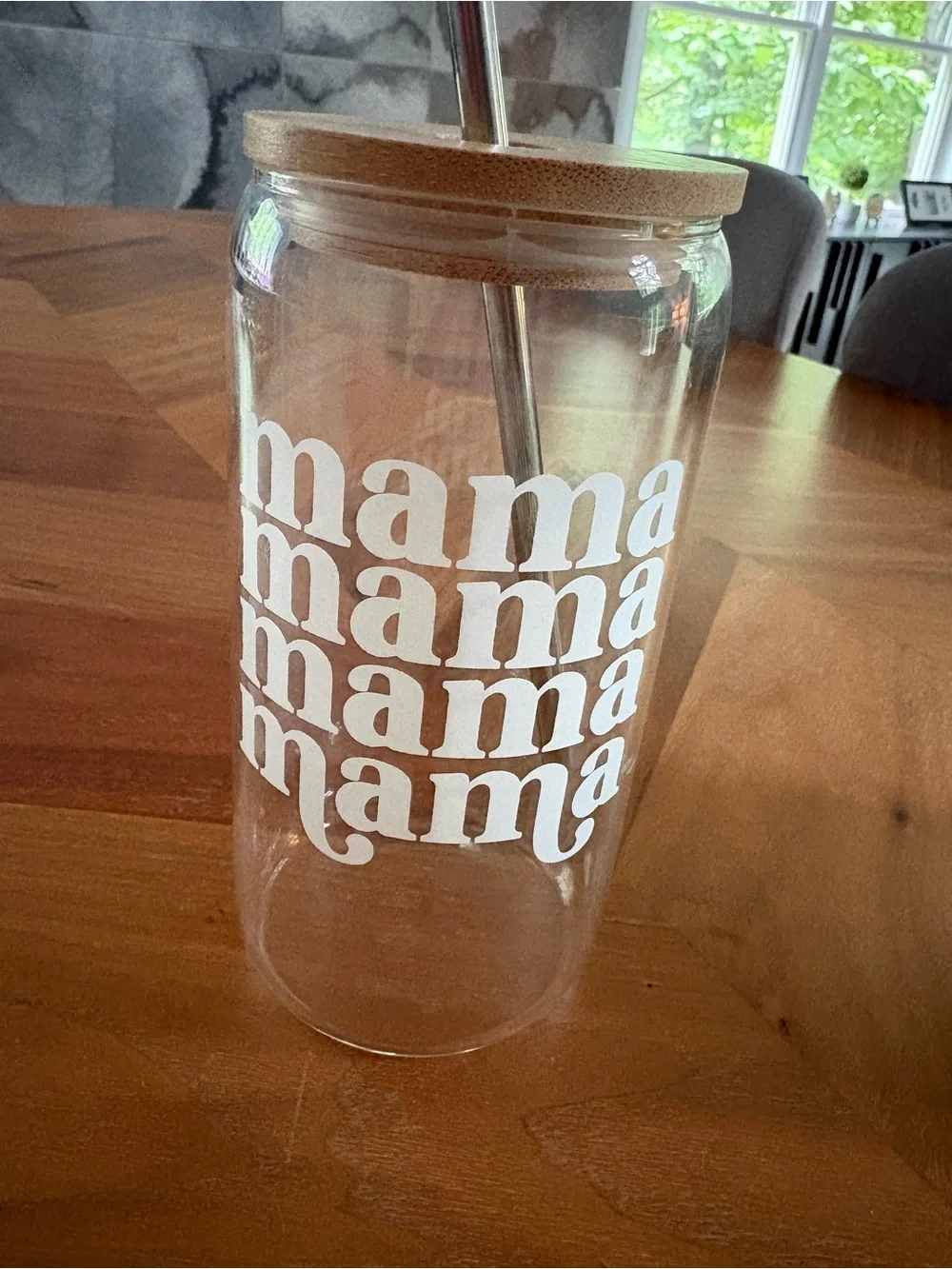 Glass Mama Tumbler with Bamboo Lid and Stainless Straw - Clear/White
